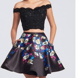 Ellie Wilde Black Off-Shoulder Dress with Blue and Pink Floral Design